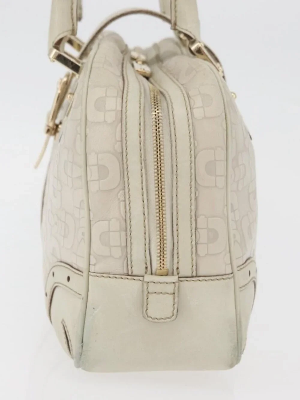 GUCCI Horsebit Hand Bag Leather White Gold 145770 Auth bs34368